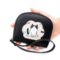 Cute black cat print women's short wallet with zip around closure and wrist strap - Black