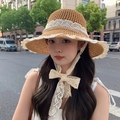Cappello da sole marrone all'uncinetto con pizzo bianco e nastri per spiaggia donna - M (56-58cm) / Cachi Nastro di Pizzo