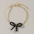 Elegante bracciale con perline placcato oro 18 carati con fiocco nero e perle - Collana / Collana con Fiocco a Doppio Strato in Catena Dorata Nera