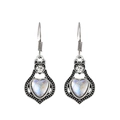 Vintage silver heart-shaped moonstone drop earrings with white crystal accents - Antique Silver Heart Moonstone (K-1237)