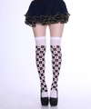 Over-the-knee socks with black and white checkerboard pattern and poker card suit prints - One Size / Checkerboard Poker 1#