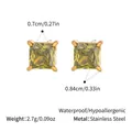 Detail view of square cut yellow zircon stud earring with 18K gold plated steel base - Green (YYE023069-G)