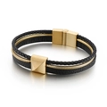 Bracciale multistrato in pelle intrecciata nera con catena a serpente in oro e acciaio - Stile Dorato (KB147381-KLHQ)