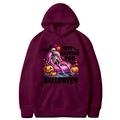 Maroon Halloween hoodie with skull and pumpkin print featuring a front kangaroo pocket - Burgundy