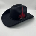 Classic black felt western cowboy hat with leather band, buckle, and red feather detail - M (56-58cm) / Black (with Red Feather)