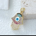 Hamsa Hand pendant with blue Evil Eye and colorful cubic zirconia in gold plating - D3516JC Pendant 29