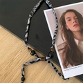 Leopard print fabric cord necklace with resin beads and rustic wood heart pendant - Necklace-Black-Grey