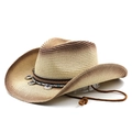 Men's western cowboy straw hat with gradient color weave and ethnic beaded strap - M (56-58cm) / Beige Coffee Gradient