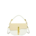 White leather and beige straw patchwork crossbody handbag with gold chain detail - White