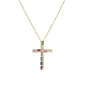 Collier croix dorée avec zircons colorés taille baguette et cristaux micro-pave sur fond blanc - Style Taille en Escalier Rectangulaire Multicolore (CN00647CX)