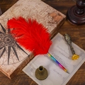 Rainbow gradient feather pen set with vintage red feather and bronze metal base stand - Red