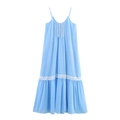 Lichtblauwe chiffon maxi-jurk met spaghettibandjes, wit kant en ruches voor dames - XS / Lichtblauw