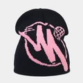Dettaglio del berretto in maglia nera con logo grafico rosa acceso e trama a coste fini - Taglia unica / Rosa + Nero
