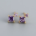 S925 silver square purple zircon earrings with gold plating and four-prong setting - Golden (Purple Stone)