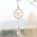 Star shaped dream catcher with soft pink feathers and cream woven cotton rope - Five-pointed Star