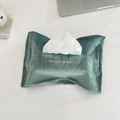 Close-up of Morandi green velvet tissue bag featuring golden Happiness embroidery - Light Green