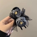 Handmade dark grey floral hair claw clip with lace bow and elegant fabric roses - Grey Blue