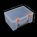 Dettagli dimensioni scatola in plastica trasparente con chiusure arancioni e manico - 25.1*18.9*12cm / Trasparente