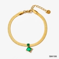 Gold stainless steel snake chain bracelet with emerald green square and round gems - Bracelet / Gold Chain Green Zirconia Bracelet (SBK108)