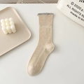 Korean style beige crew socks with grey ruffle trim and vertical ribbed knit pattern - One Size / Oatmeal