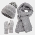 Conjunto de invierno de 3 piezas con gorro con pompón, bufanda y guantes táctiles grises - Negro