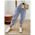 Detail of blue and white striped harem pants with elastic waistband and woven texture - XS / Bottoms / Light Blue