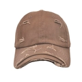 Close-up of brown distressed cotton baseball cap with vintage frayed hole details - M (56-58cm) / Coffee