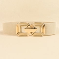 Women's beige elastic waist belt with interlocking golden geometric metal buckle - Beige (19767)
