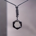 Polished obsidian hexagram pendant necklace with adjustable black braided rope - Black