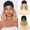 Black baseball cap wig with long blonde wavy hair for women in three-view perspective - Beige Spotted