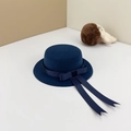 Navy blue wool flat top doll hat with grosgrain ribbon bow and long streamers - Circumference 34cm / Navy Blue + Navy Bow