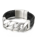 Men's wide stainless steel Cuban chain bracelet with black woven leather braiding - Frosted Steel Color (KB43119-D)