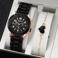Women's Geneva watch with black silicone strap and gold heart pendant bracelet set - Black Set (box Not Included)