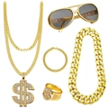 Gold dollar sign jewelry set with iced out necklace, bracelet, ring, and sunglasses - Elvis Sunglasses 5-Piece Set
