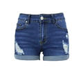 Blaue Slim-Fit Denim-Shorts mit niedriger Taille, Rissen und umgeschlagenem Saum - S / Dunkelblau