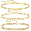 Three gold anklets set with figaro and cuban link styles featuring small crystal charms - Gold Figaro Cuban Chain Combination