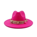 Pink felt wide brim fedora featuring woven band with colorful tassels and seashell charms - Rose Red