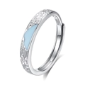 Bague ouverte en argent S925 avec émail bleu clair et texture glacée gravée - Ouvert Réglable / Style Homme (FDJZ-373)