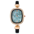 Elegant ladies oval watch with gold rhinestone case, green dial and slim black leather strap - Green