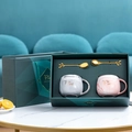 Nordic ceramic mug set with marble texture, gold leaf spoons in a green luxury gift box - Fine Apple Couple Double Mug Set