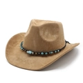 Beige faux suede western cowboy hat with turquoise beaded band on white background - Faux Suede / M / Camel