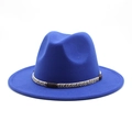 Detailed close-up of royal blue fedora hat with a contrast braided decorative rope band - Blue