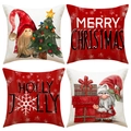 Pink and red Christmas linen pillow covers with gnome, Merry Christmas and Holly Jolly prints - 18x18 Inch / Red Gnome Letter Set / Set of 4