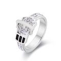Silver belt buckle ring with micro-pave crystals and black stripes for couples - US 6 / Steel