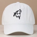Distressed white cotton baseball cap featuring black wolf head embroidery on the crown - Adjustable / White