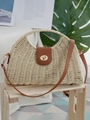 Handwoven straw shoulder bag with brown leather flap and golden twist lock for beach vacations - Off White