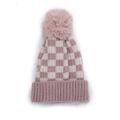 Rosa-weiße Strickmütze mit Karomuster und großem flauschigem Bommel für Kinder - 50-52CM / Rosa