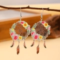 Boucles d'oreilles attrape-rêves bohème tournesol avec acrylique floral et plumes - Boucles d'oreilles Attrape-rêves 2626