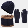 Detalle de set de invierno de punto trenzado con forro polar y guantes táctiles - Azul marino