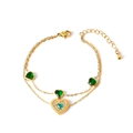 Golden double-layer bracelet with green heart gemstone and zircon heart pendant - Bracelet